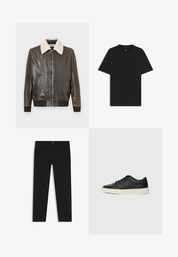Braune Lederjacke mit schaffellbesetztem Kragen, vorne mit Reißverschluss, zwei Seitentaschen und gerippten Bündchen und Saum. Glatte Textur, lässiges Design.; Schwarz T-Shirt mit kurzen Ärmeln aus einem glatten Baumwollmix, mit Rundhalsausschnitt und einem minimalistischen Design ohne Muster oder Akzente.; Schwarze Denim-Hosen mit geradem Schnitt, ausgestattet mit einem Standardbund, fünf Taschen und einem Knopfverschluss. Angenehme, glatte Textur.; Schwarzer niedriger Ledersneaker mit schwarzen Schnürsenkeln und cremefarbenem Sohlenrand, seitlich auf weißem Hintergrund dargestellt.