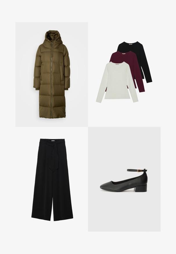 Oliivroheline puhvkattega jope, kapuutsiga, pikk siluett, ees tõmblukk, tikandit meenutav tekstuur ja küljetaskud; soonikkoes mansetid.; Pikad varrukad T-särgid valges, burgundis ja mustas. Valmistatud pehmest kangast, ümmarguse kaelusega ja keha lähedase kujundusega. Sobivad kihiliseks kandmiseks.; Mustad laiad püksid, millel on tekstureeritud kangas, elastne vöökoht ja eemaldatav pael vööst, et reguleerida sobivust.; Must mustaapp, millel on terav nina ja madal blokk-kand. Omab pahkluu rihma koos kuldse tooni pandlaga. Sile tekstuur.