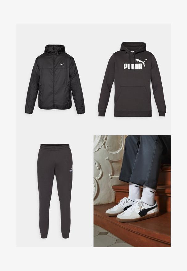 Chaqueta aislante negra con cierre de cremallera al frente, capucha y puños elásticos. Presenta un logotipo blanco en la parte superior izquierda del pecho. Textura suave y brillante.; Sudadera con capucha negra, con un bolsillo canguro frontal, que presenta un destacado logo blanco de "PUMA" y una silueta blanca de puma. Textura de tela suave.; Camiseta de algodón gris con mangas cortas, que presenta un gran logo negro de "PUMA" y un gráfico de puma negro en la parte frontal. Cuello redondo.; Pantalones de chándal gris oscuro con una cintura elástica, piernas ajustadas y un pequeño logo blanco de Puma en el muslo izquierdo. Material suave de mezcla de algodón.; Zapatillas Puma en gamuza blanca y negra, con una suela de goma marrón. Combinadas con calcetines blancos que muestran un logo negro, llevados con pantalones oscuros.