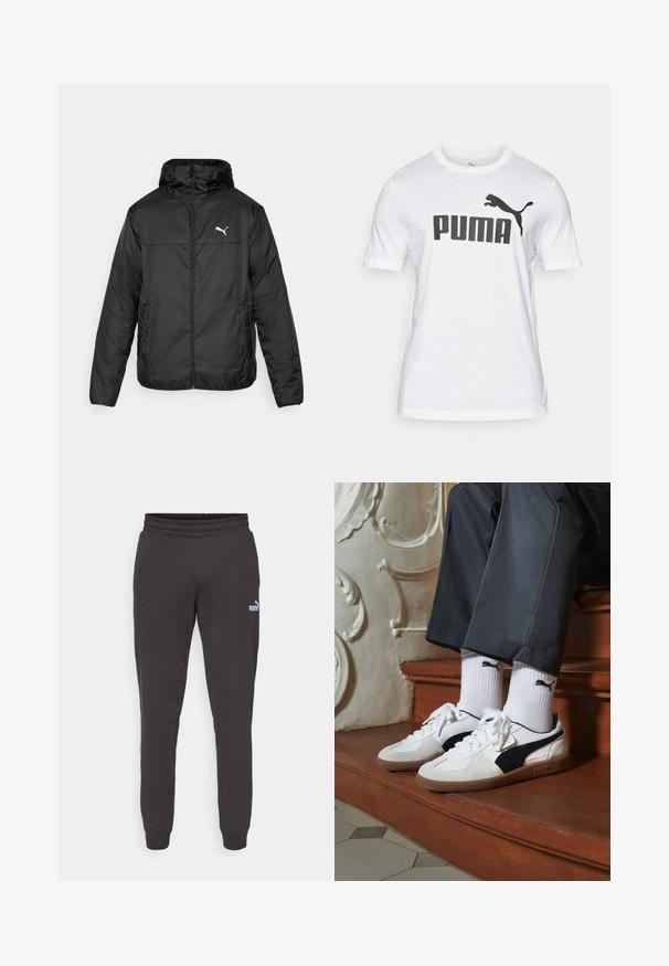 Black insulated jacket with a zip front, hood, and elastic cuffs. Features a white logo on the upper left chest. Smooth, shiny texture.; White cotton t-shirt featuring a large black "PUMA" logo and a black leaping cat graphic on the left side. Short sleeves, crew neck design.; Dark grey sweatpants with an elastic waistband, tapered legs, and a small white Puma logo on the left thigh. Soft cotton blend material.; Puma sneakers in white and black suede, featuring a brown rubber sole. Paired with white socks displaying a black logo, worn with dark pants.