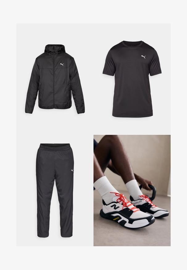 Mustat eristetyt takit, joissa on vetoketjullinen etuosa, huppu ja joustavat hihansuut. Vasemmassa ylärinnassa on valkoinen logo. Sileä, kiiltävä pinta.; Musta urheilu t-paita, joka on valmistettu kosteutta siirtävästä kankaasta, pyöreä kaula-aukko, lyhyet hihat, jossa on pieni valkoinen logo vasemmassa rinnassa.; Mustat urheiluhousut, jotka on valmistettu sileästä, kevyestä materiaalista. Sisältää joustavan vyötärönauhan ja pienen valkoisen logon vasemmalla puolella.; Valkoiset ja mustat urheilukengät punaisilla nauhoilla, verkkomateriaali yläosassa ja kumipohja. Ikonissa on logo sivussa ja teksturoitu malli.