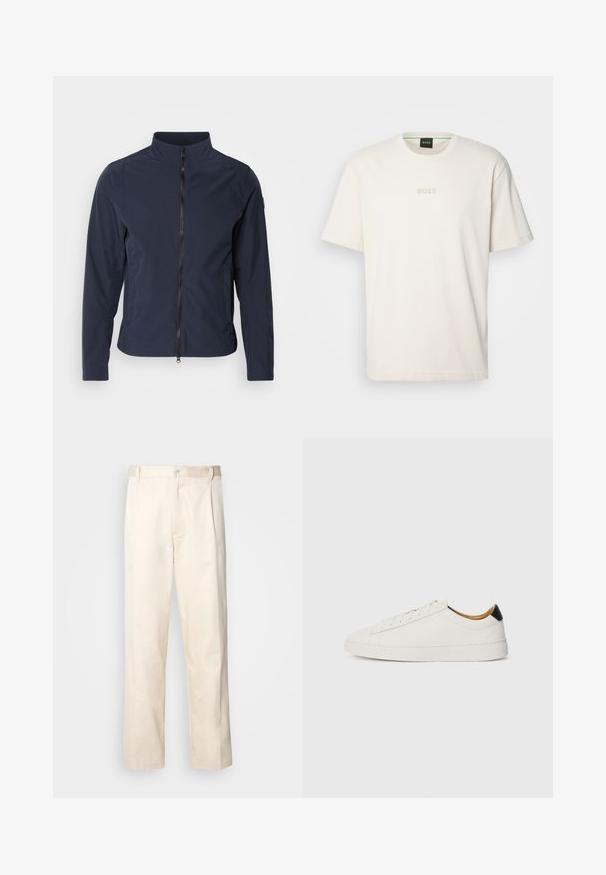 Jachetă ușoară de marină cu guler înalt, fermoar pe toată lungimea, buzunare laterale și textură netedă, moale. Design simplu, minimalist.; BOSS TEE - Tricou basic - open white; Pantaloni din bumbac bej, cu croială dreaptă, dotati cu închidere cu nasture și pliuri în față pentru un plus de detaliu.; Sneaker alb cu un superior din piele netedă, vârf rotund și talpă plată. Accente negre la călcâi, cu șireturi tonale și un branding minim.