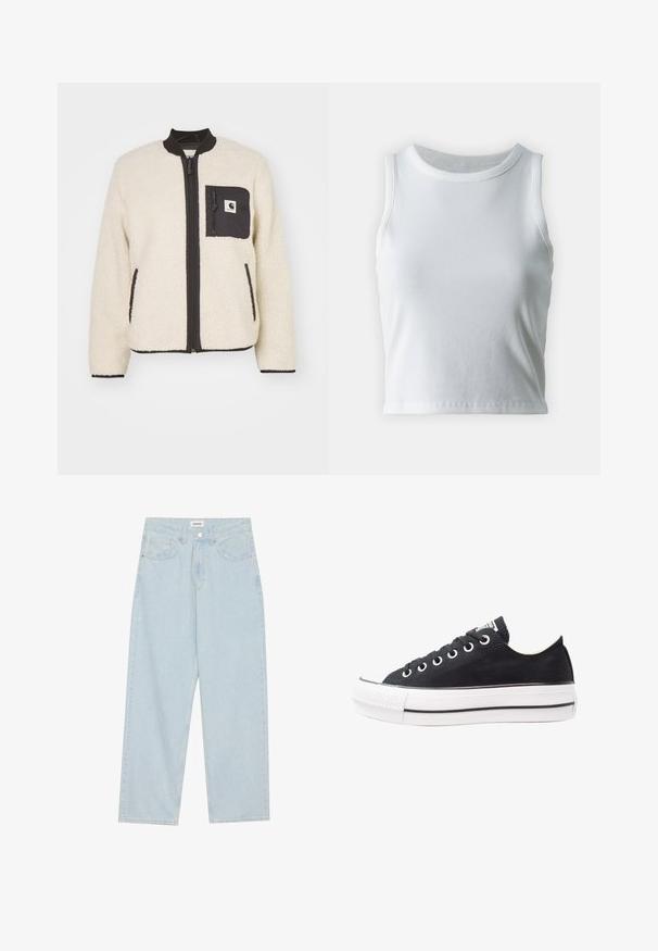 Carhartt WIP JANET LINER - Fleecejacka - moonbeam/black; Vit ribbad linne med rund halsringning och ärmlös design, med en rak nederkant och en smidig, elastisk textur.; Ljust blå vida jeans av denim, med en medelhög midja, fem fickor och en knappstängning med en smal metallaccent.; Svart canvas sneakers med vit gummisula, rund tå, låg design, metallöglor och en strukturerad tåhätta. Tunn svart rand längs sulan.