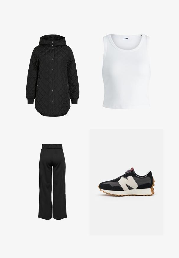 Mustmust mustka jakk, millel on kapuuts, nuppude kinnitusega, soonikkätised ja pikem äär. Kangas on sile ja matt.; Valge ribakujuline tank top, millel on ümmargune kaelus, varrukateta disain ja lühike pikkus. Silt ütleb "JJXX." Sile kangast tekstuur.; Mustad, laiad püksid elastse vöökohtaga, valmistatud siledast kangast. Omab lihtsat disaini, ilma taskute või nähtavate õmbluste detailideta.; Mustmust ja halli nubukist tennisajal on suur kreemjas "N" logo, lilla paelad ja tekstureeritud kummist välispohja.