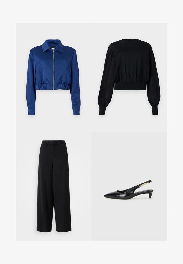 Ingekorte blauwe jas van gladde stof, met een kraag, een rits aan de voorkant, zijzakken en elastische gathers aan de onderkant.; Zwarte cropped blouse met een ronde halslijn, poflange mouwen en geribbelde manchetten. Voorzien van een strakke elastische tailleband en doorschijnende zijpanelen.; Zwarte wijde broek van gladde stof, met een flat-front ontwerp, geplooide details en riemlussen in de tailleband.; Zwarte leren slingback hakken met een spitse neus, voorzien van een slanke hak en een goudkleurige accent op de verstelbare band. Gladde textuur.