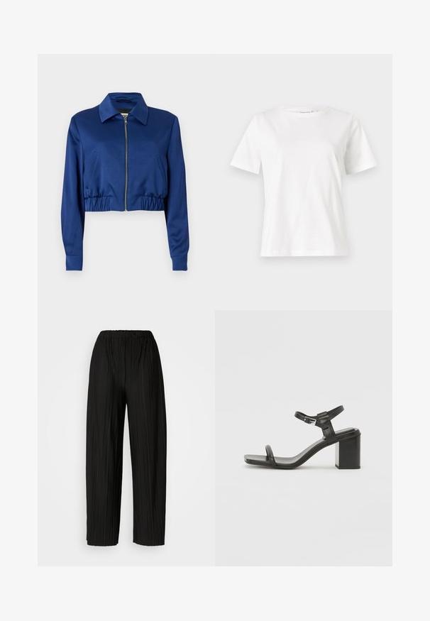 Cropped blue jacket made of smooth fabric, featuring a collar, front zip closure, side pockets, and elastic gathering at the hem.; White cotton t-shirt with short sleeves, round neckline, and a relaxed fit. Smooth texture, no patterns or accents, minimalistic design.; Black pleated wide-leg pants with an elastic waistband. The fabric features vertical pleats and a smooth texture.; Black leather block-heeled sandal with a wide strap across the toe and an adjustable ankle strap, featuring a sleek, minimalist design.