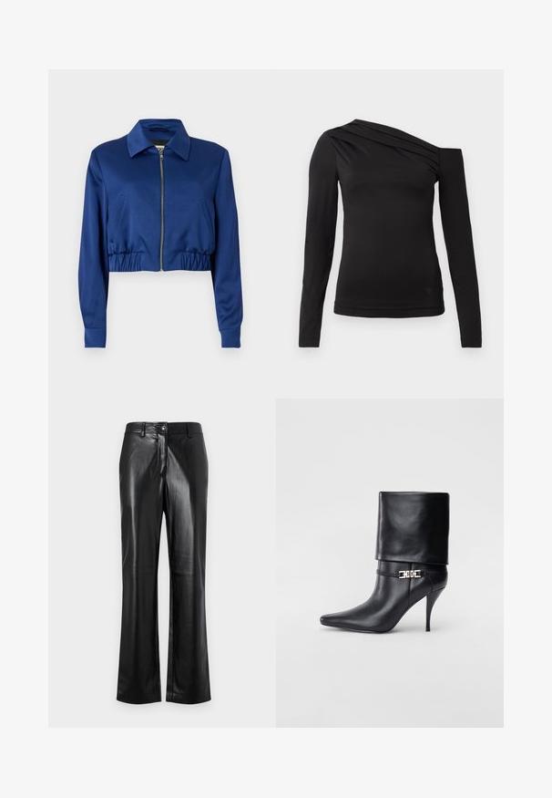 Jachetă croită de culoare albastră, confecționată dintr-un material neted, cu guler, închidere frontală cu fermoar, buzunare laterale și elastic la tiv.; Top negru cu mâneci lungi și decolteu asimetric, având un umăr expus și drapaj delicat pe piept.; Pantaloni din piele neagră cu un design drept, având închidere frontală cu nasture, tivuri pentru curea și o textură netedă, lucioasă.; Botine negre din piele, cu vârf ascuțit, toc înalt și subțire, cu manșetă pliată și un detaliu decorativ cu cataramă aurie la gleznă.