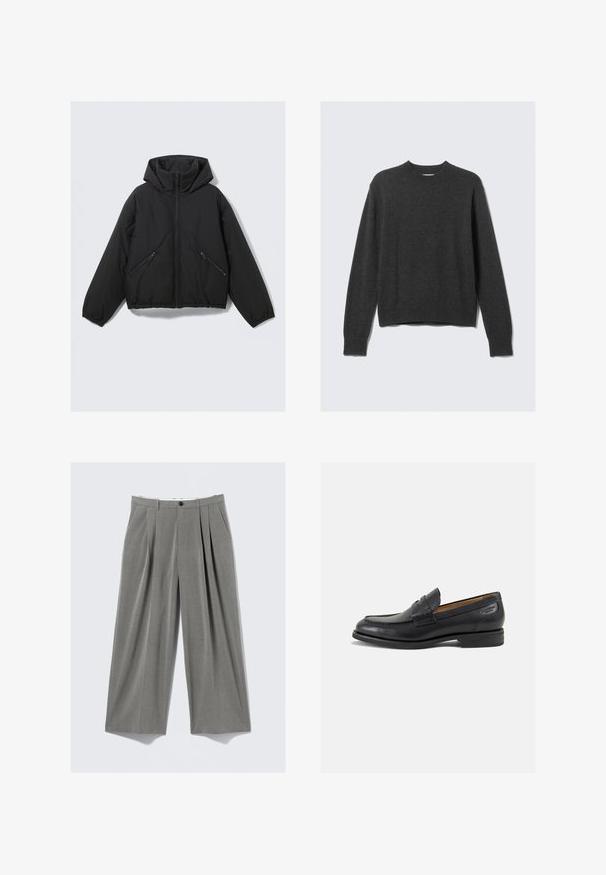 Doudoune noire avec une capuche, dotée d'un zip sur le devant, de poignets élastiques et de deux poches latérales zippées en biais. Texture lisse et design courte.; Pull en tricot gris foncé avec un col rond, des poignets et un ourlet côtelés. Le tissu a une texture lisse et présente un design à coupe décontractée.; Pantalons de costume larges à rayures grises avec plis sur le devant, passants de ceinture, poches latérales et fermeture à bouton noir.; Mocassins en cuir noir avec une finition lisse, bout rond et coutures décoratives sur la tige. Talon bas empilé et léger brillant.