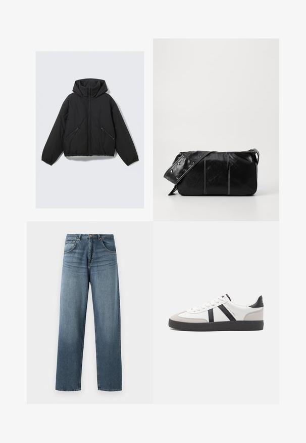 Čierna pufová bunda s kapucňou, s predným zipsom, elastickými manžetami a dvoma šikmými bočnými vreckami na zips. Hladká textura a skrátený strih.; Béžový pletený sveter s textúrovaným vzorom, s klasickým golierom a rebrovanými manžetami. Vyrobený z jemného, ľahkého materiálu.; Džíny z modrej denimovej látky s rovným strihom a vyblednutým umývaním, s piatimi vreckami, kovovým gombíkom a pútkami na opasok. Pevná, stredne ťažká tkanina.; Biele tenisky s čiernymi a šedými akcentmi, s textúrovanou šedou špičkou, čiernou gumovou podrážkou a plochými bielymi šnúrkami. Čistý dizajn, minimalistický štýl.; Čierna kožená kabelka cez plece so zipsovým uzáverom, so štruktúrovaným telom, bielym prešívaním a popruhom so striebornými očkami.