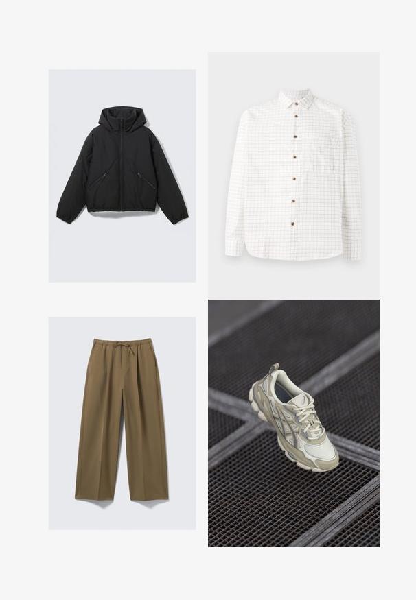 Črna napihljiva jakna s kapuco, z sprednjim zadrgo, elastičnimi manšetami in dvema naklonjenima žepekoma z zadrgo. Gladka tekstura in skrajšan dizajn.; Bela srajca z gumbi, z mrežastim vzorcem v mornarsko modri barvi, z žepom na prsih, zaobljenim robom in lesenimi gumbi. Lahka tkanina.; Hlače širokih nogavic v olivno zeleni barvi, izdelane iz mehkega materiala z elastičnim pasom in nastavljivim vrvico. Imajo dve stranski žepi.; Bežni športni čevelj z teksturirano mrežasto zgornjico, subtilnimi sivo-rjavimi detajli in oblazinjeno jezičko. Zaobljena, oblazinjena podplatna zasnova za udobje.