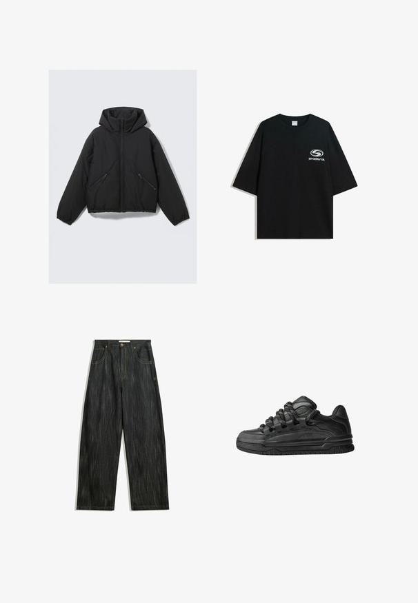 Black puffer jacket with a hood, featuring a front zipper, elastic cuffs, and two angled zippered side pockets. Smooth texture and cropped design.; Black oversized cotton t-shirt featuring a round neckline and short sleeves, with a white "Shibuya" logo printed on the front.; Dark denim jeans with a loose fit, featuring subtle vertical texture, yellow stitching, five pockets, and a classic button closure.; Black sneakers with a smooth leather upper, textured accents, and round black and white laces. Thick rubber sole with a patterned tread.