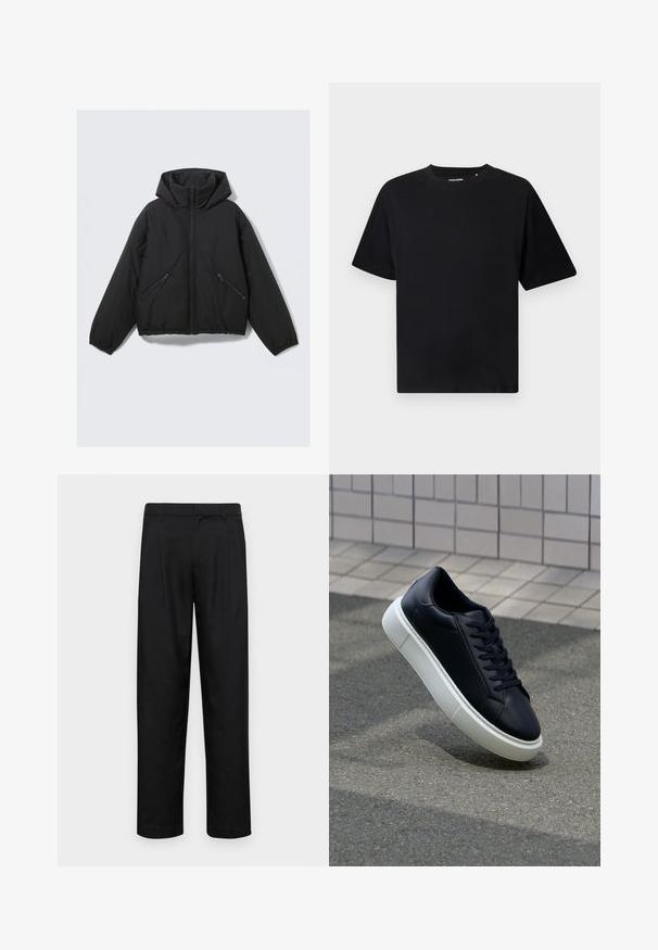 Mustem puffer-jakk kapuutsiga, millel on esikülje tõmblukk, elastsed varrukad ja kaks nurga all asuvat tõmblukuga küljetaskut. Sile tekstuur ja lühendatud disain.; Mustame lühikeste varrukatega ümar kaelusega T-särk, millel on mugav lõige, esitletud valgel taustal.; Mustad mustadest riietest, millel on sirge jalgade disain, kaks eesmist voltimist ja tavaline vöökoht, millel on vöökohad.; Mustast nahast tennisetoss, millel on ümar nina ja valge kummist tall. Omab siredaid paelu ja minimaalset õmblemist ülemises osas. Tekstuuriga tald, mis tagab haakuvuse.