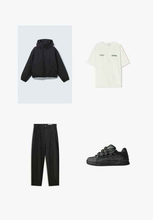 Mustassa puhvitakissa on huppu, edessä vetoketju, joustavat hihansuut ja kaksi kulmikkaasti sijoitettua vetoketjullista sivutaskua. Pehmeä rakenne ja lyhyt malli.; Valkoinen puuvillainen t-paita lyhyillä hihoilla. Edessä mustaa tekstiä: "EI HUOMENNA EI TÄNÄÄN" ja "MAAN TAITEILU" vihreällä käsialalla.; Mustat puuvillahousut rentoa mallia, joissa on klassinen vyötärö, etukangastukset ja sivutaskut. Sileä pinta ilman kuvioita.; Mustat tennarit, joissa on sileä nahkapinta, teksturoituja yksityiskohtia ja pyöreät musta-valkoiset nauhat. Paksu kumipohja, jossa on kuvioitu pinta.