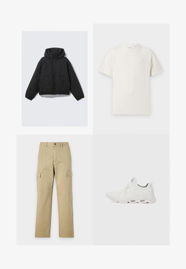 Svart oversized boblejakke med hette, med glidelås foran, elastiske mansjetter, og to skrå lommer med glidelås. Glatt tekstur og kort design.; Hvit T-skjorte med kort erm i ribbestrikket tekstur. Rund hals, avslappet passform, ingen synlige mønstre eller detaljer. Enkelt og allsidig design.; Beige cargo bukser laget av bomull, med to sidelommer, knappelukking, og rette ben med et lett strukturert stoff.; Hvite atletiske sko med et teksturert strikket overdel, flate snører og en polstret såle med synlige luftkamre for ekstra støtte.
