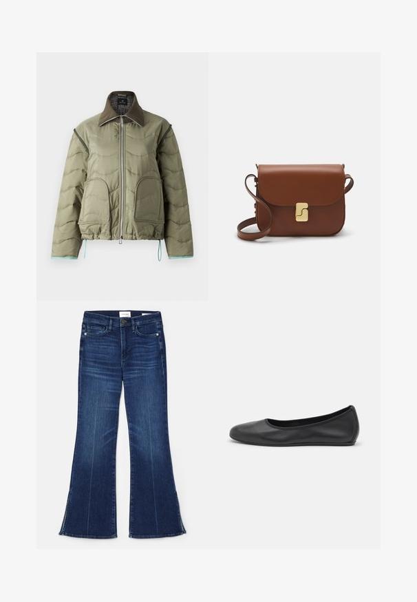 PS Paul Smith JACKET - Overgangsjakke - green; Hvid kortærmet t-shirt lavet af ribbet stof. Rund halsudskæring, almindelig pasform og subtile syninger. Ingen mønstre eller grafik.; Mørkeblå flagrende jeans lavet af denim. Har høj talje, forlommer og splitdetaljer i kanten. Klassisk fem-lomme design.; Sort læderballetsko med rund tå, glat tekstur, minimal syning og et fleksibelt såldesign.; Brun læder håndtaske med flaplukning, hardware i gyldent tone, en skulderrem og en glat overflade. Kompakt rektangulær form.