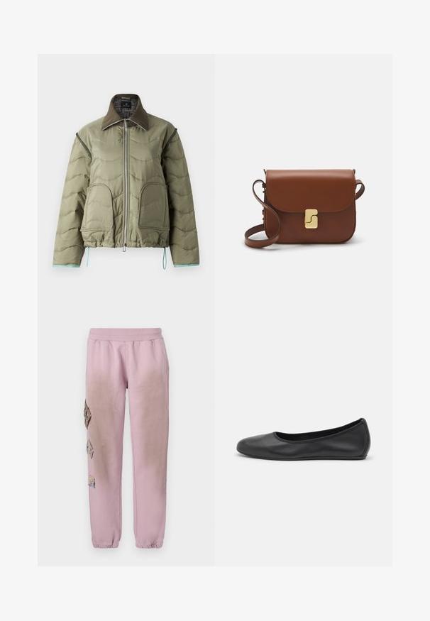 PS Paul Smith JACKET - Viegla jaka - green; Balta īsām piedurknēm T-krekls, izgatavots no ribota auduma. Apaļš izgriezums, regulāra piegriezuma un diskrēti šuvumu detaļas. Bez printiem vai grafikām.; Rozā sporta bikses ar elastīgu jostu, kurām labajā pusē ir dekoratīvi uzliktni dimanta formā un elastīgas apkakles pie potītēm.; Melna ādas baleta kurpe ar noapaļotu purngalu, gludu tekstūru, minimālu šuvju detalizāciju un elastīgu zoles dizainu.; Bordo ādas rokas soma ar atloku, zeltītām detaļām, plecu siksnu un gludu virsmu. Kompakta, taisnstūrveida forma.