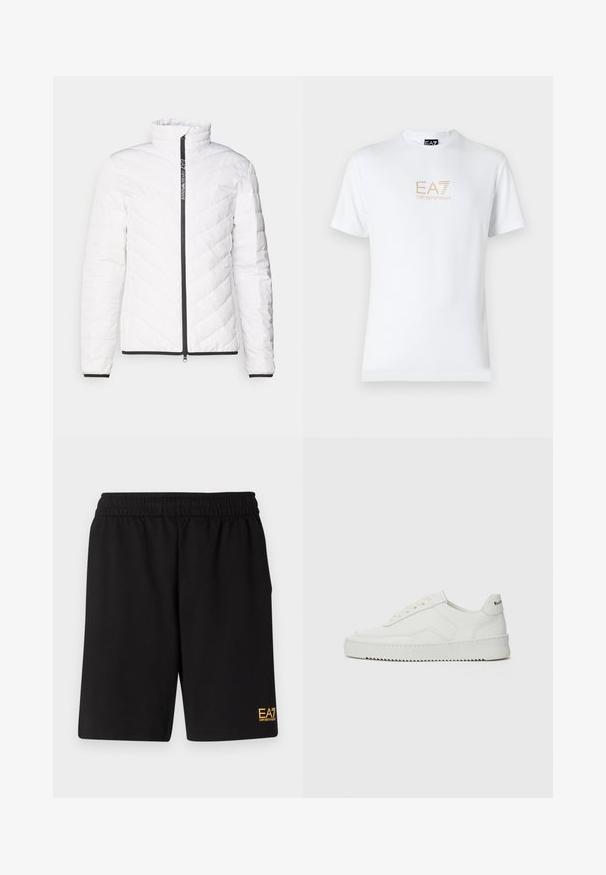 White puffer jacket featuring a high collar, diagonal quilted pattern, black zipper, and black trim along the cuffs and hem.; White cotton t-shirt featuring a round neckline and short sleeves, with a gold EA7 Emporio Armani logo printed on the front.; Black athletic shorts made of soft fabric,Featuring an elastic waistband and a small yellow EA7 logo on the lower left leg.; White leather sneaker with a smooth finish, round toe, flat laces, and a textured sole. Features a subtle logo on the heel.