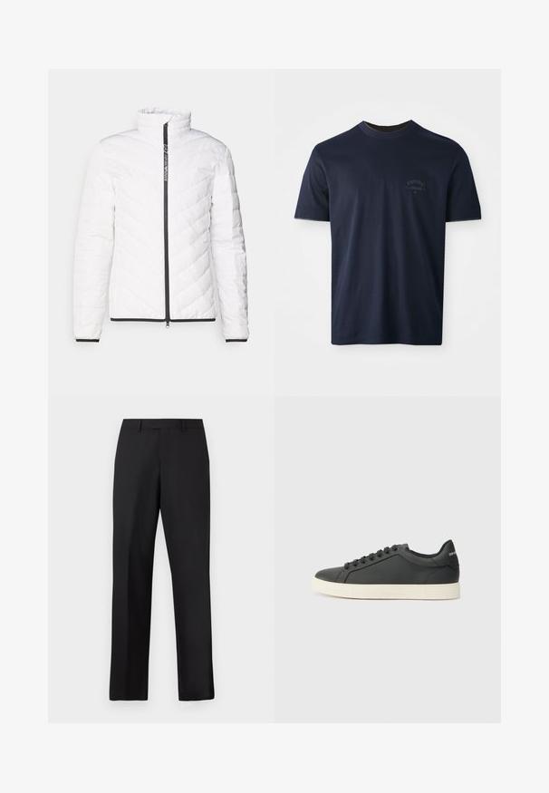 Valge õhkpuffy jakk, millel on kõrge krae, diagonaalne litritunne, must tõmblukk ning must äär käiste ja hemil.; Tumed sinine puuvillane T-särk lühikeste varrukatega, ümar kaelus ja broderitud logo vasakul rinnal. Sile tekstuur, klassikaline lõige.; Mustad, sirge lõikega püksid, mis on valmistatud siledast kangast. Omavad tavalist vöökirja ja puuduvad nähtavad mustrid või aksendid.; Mustmustest musta poolprofiiliga, ümmargune varvas ja paeltega sulgemine; omab tekstureeritud kummist tallat ja logo detaili kontsa peal.