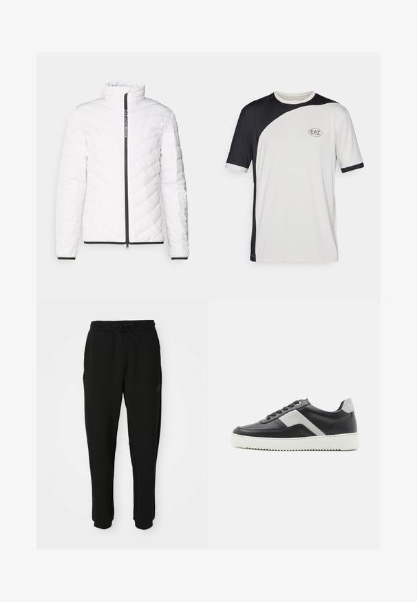 Hvit pufferjakke med høy krage, diagonalt quiltet mønster, svart glidelås og svart kant langs mansjettene og nederkant.; Kortermet T-skjorte med svart og hvit fargeblokkeringsdesign, laget av lettvektstoff. Inkluderer EA7-logo på brystet.; Svart tapered joggebukser med elastisk midje og snor, sidelommer og mansjetterte ankler, forfra.; Svart lær sneakers med grå detaljer, hvit gummisåle, rund tå og seks svarte snøringhull. Teksturert sidetafele.