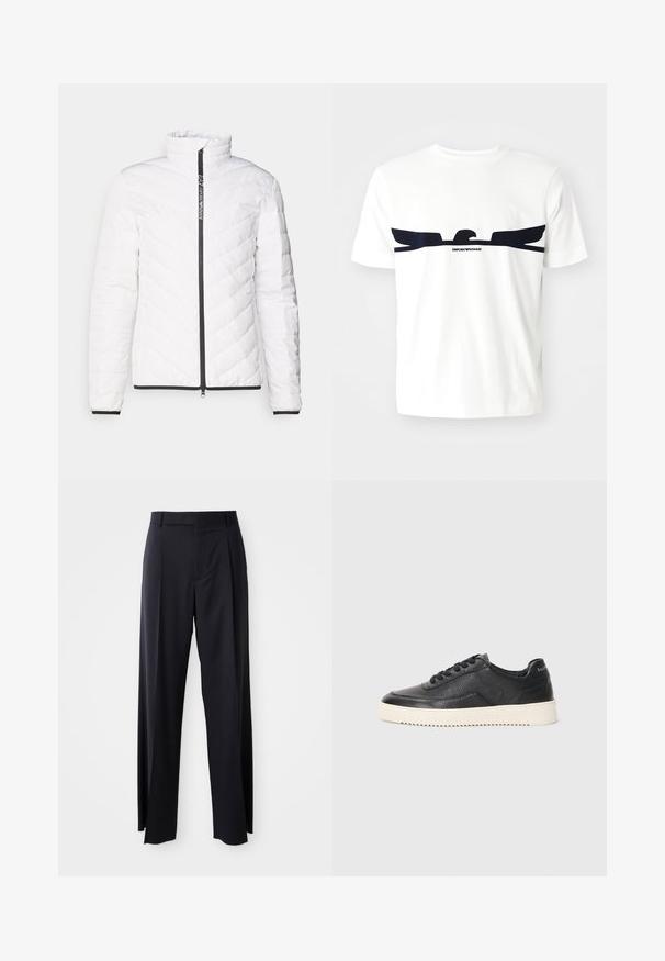 Casaco puffer branco com gola alta, padrão acolchoado diagonal, fecho preto e ribanas pretas nas mangas e na bainha.; T-shirt de algodão branco com um gráfico de uma águia em azul-marinho e o texto "EMPORIO ARMANI" abaixo do design. Mangas curtas e gola redonda.; Calças pretas de cintura alta, com corte amplo, feitas de um tecido suave. Apresentam pregas frontais e passadores para cinto. Design minimalista, sem hardware visível.; Sapatilha em couro preto com acabamento texturizado, biqueira redonda e sola plana de borracha branca. Apresenta atacadores pretos e uma marca na parte de trás.