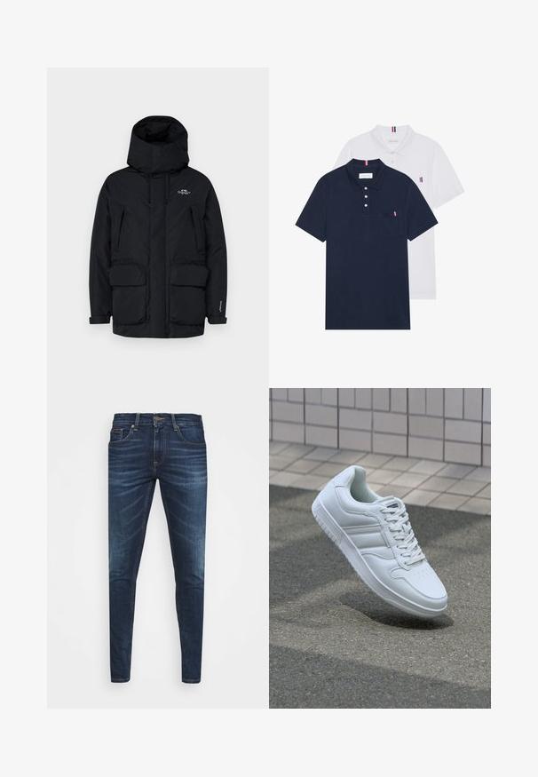 Juodas insulated parka tipo švarkas, su aukštu apykakle, reguliuojamu gobtuvu, dviem didelėm priekinėm kišenėm ir užtrauktuku užsegama šonine kišene laikymui.; Du keturių marškiniai: vienas tamsiai mėlynas ir vienas baltas, abu su mažais raudonais, baltais ir mėlynais akcentais ant krūtinės kišenės ir apykaklės.; Tamsiai mėlynos džinsinės kelnės su liesu siluetu, subtiliu nusidėvėjimu, penkiomis kišenėmis ir metaliniu mygtuku užsegimui. Įsiūtos akcentai kontrastinga spalva.; Baltos sportinės kedai su lygaus odos viršumi, raišteliais priekyje, perforuotu kojų pirštu ir raštuotu padu. Minimalistinis dizainas su trimis šoninėmis juostelėmis.