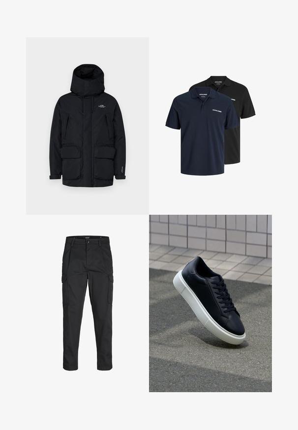 Zwarte geïsoleerde parka-jas met een hoge kraag, verstelbare capuchon, twee grote voorzakken en een ritszak aan de zijkant voor opbergruimte.; Twee poloshirts: één marineblauw met wit logo en één zwart. Beide hebben een klassieke kraag en korte mouwen, gemaakt van lichtgewicht stof.; Zwarte cargobroek van stevig stof, met meerdere zakken, een knoopsluiting en een slim fit ontwerp met taps toelopende benen.; Zwarte leren sneaker met een ronde neus en een witte rubberen zool. Voorzien van platte veters en minimale stiksels op het bovenwerk. Textuurrijke zool voor grip.