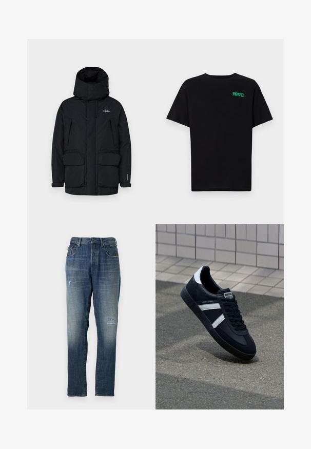 Musta isoleeritud parka jakk, millel on kõrge krae, reguleeritav kapuuts, kaks suuri esikotti ja tõmblukuga küljetasku hoiustamiseks.; Must t-särk, mis on valmistatud puuvillast, lühikeste varrukatega. Esipaneelil on roheline "ROOTS" logo, ümmargune kaelus ja tavapärane lõige.; Denim teksad, millel on pleekinud sinine värv, sirge jalgade disain, mõõdukas kulumine ees ja klassikaline viie-tasku stiil.; Must have musta sneaker musta valgete triipudega, tekstuurne kummitald ja nööridega esiosa. Omab bränditud märki keele peal.