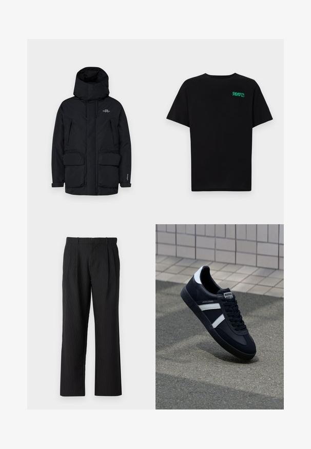 Parka noire isolée avec un col haut, une capuche ajustable, deux grandes poches avant et une poche latérale zippée pour le rangement.; T-shirt noir en coton à manches courtes. Présente un logo "ROOTS" vert sur le devant, un col rond et une coupe standard.; Jack & Jones JPSTBILL JJDAYTONA WIDE - Pantalon classique - black; Sneaker en cuir noir avec des rayures blanches, semelle en caoutchouc texturée et devant à lacets. Présente une étiquette de marque sur la languette.