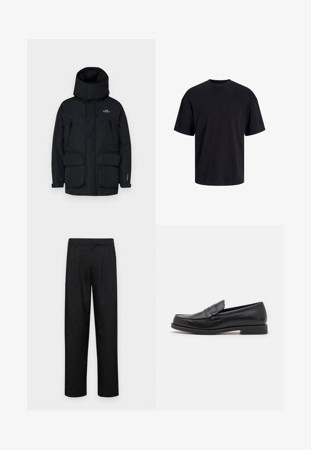 Fekete szigetelt parka kabát, magas gallérral, állítható kapucnival, két nagy elülső zsebbel és cipzáras oldalzsebbel a tároláshoz.; Fekete pamut póló, kerek nyakkivágással, rövid ujjú és laza fazonú. Simább anyagú, látható minták vagy díszítések nélkül.; Fekete nadrág sima anyagból, egyenes szárú fazonnal, két elülső redővel és közönséges derékkal, övhurkokkal.; Fekete bőr loaferek, amelyek sima dizájnnal, kerek orral, varrott részletekkel és alacsony blokksarkúval rendelkeznek. Simaság és minimális díszítések jellemzik.