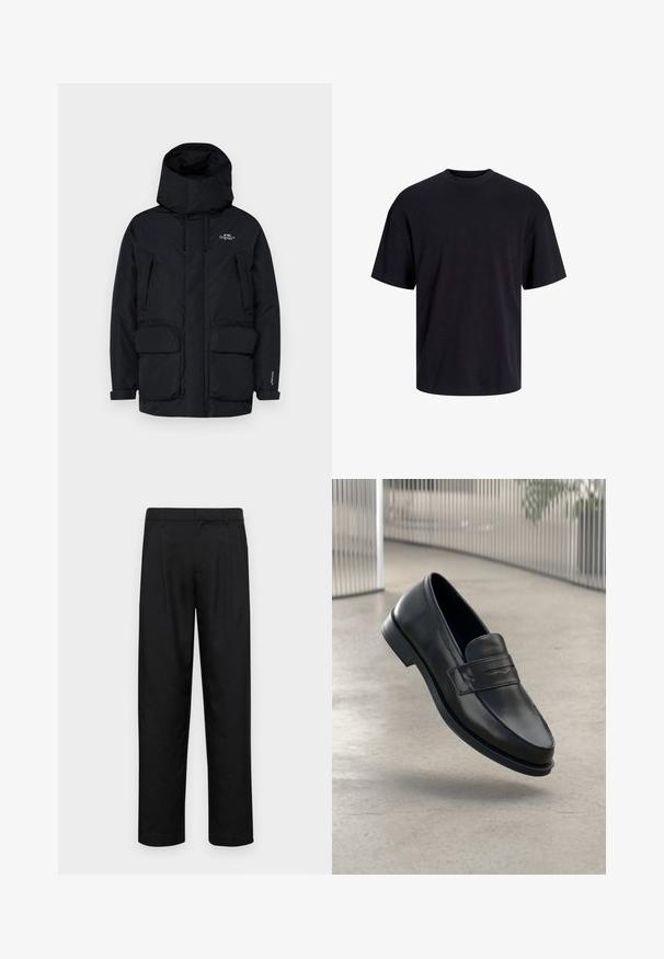 Parka nera isolata con colletto alto, cappuccio regolabile, due grandi tasche anteriori e tasca laterale con zip per riporre gli oggetti.; T-shirt in cotone nero con collo rotondo, maniche corte e vestibilità morbida. Texture liscia senza pattern o dettagli visibili.; Pantaloni neri realizzati in tessuto liscio, caratterizzati da un taglio dritto, due pieghe frontali e una vita standard con passanti per la cintura.; Mocassino in pelle nera con texture liscia, punta appuntita e una fascia decorativa sul collo del piede. Suola leggera, design minimale.