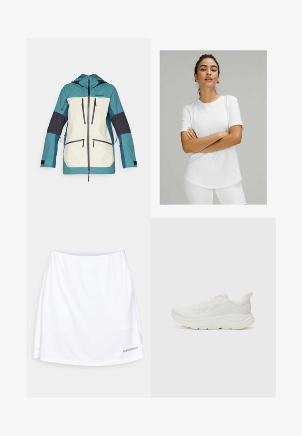 Peak Performance VERTICAL GORE-TEX PRO JACKET - Giacca da sci - hydro fresh/sand fog/infinity teel; T-shirt bianca a maniche corte realizzata in tessuto liscio, con scollatura rotonda e orlo curvo. Indossata con pantaloni bianchi.; Gonna sportiva bianca con una texture liscia, una cintura larga e un logo nell'angolo in basso a destra. Presenta una vestibilità morbida per garantire comfort.; Scarpa da corsa bianca con tomaia in mesh testurizzato, colletto imbottito, suola intermedia spessa e suola in gomma. Presenta un dettaglio del logo sul lato.