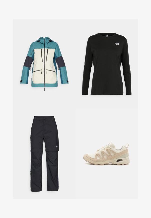 Peak Performance VERTICAL GORE-TEX PRO JACKET - Giacca da sci - hydro fresh/sand fog/infinity teel; T-shirt nera a maniche lunghe in cotone con colletto rotondo. Presenta un piccolo logo bianco sul lato sinistro del petto. Design semplice e vestibilità comoda.; Pantaloni cargo in nylon nero con zip rimovibile, polsini regolabili, molteplici tasche e un logo sulla gamba destra. Tessuto liscio e leggero.; Scarpa atletica beige e crema con tomaia in mesh testurizzato, sovrapposizioni supportive e suola in gomma con un motivo a tasselli per la trazione.