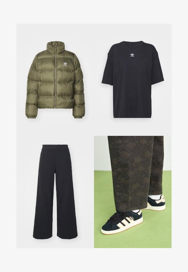 adidas Originals PUFFER - Žieminė striukė - olive strata; Juodas medvilnės marškinėliai trumpomis rankovėmis, apvaliu iškirpimu, su baltu Adidas logo ant krūtinės. Paprastas dizainas, laisvas kirpimas.; Juoda plačių kojų sportinė kelnė, pagaminta iš minkštos medžiagos, su elastinga juosmens juosta ir mažu logotipu kairėje pusėje.; Juodos ir raštuotos kelnės derinamos su tamsiai mėlynais zomšiniais sportbačiais, kurie turi kremines juosteles ir baltus padus. Paviršiai rodomi tekstūruoti ir lygūs.
