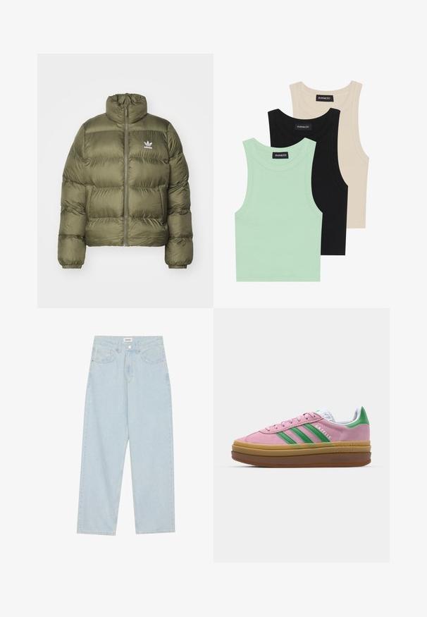 adidas Originals PUFFER - Casaco de inverno - olive strata; Três tops em mint green, preto e bege; feitos de tecido canelado com um decote redondo e sem mangas. Etiqueta da marca visível.; Calças jeans de perna larga em azul-claro, feitas de denim, com uma cintura média, cinco bolsos e um fecho de botão com um pequeno detalhe metálico.; Ténis de camurça rosa com riscas verdes, detalhes brancos e sola de borracha castanha. Apresenta tecido texturizado e detalhes de logótipo na lateral.