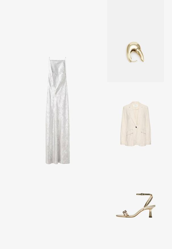 Blazer in lino beige con un unico bottone nero, revers alette e due tasche frontali; texture leggera e vestibilità sartoriale.; Abito lungo senza maniche in tessuto bianco brillante, caratterizzato da una scollatura a V e da una forma elegante e fluida con una sottile trama e senza motivi visibili.; Sandalo alto in metallo dorato con cinturino alla caviglia, due bande frontali strette e tacco a blocco. Presenta decorazioni ornamentali.; Orecchino in metallo color oro con un design elegante e curvo. Presenta una forma appuntita distintiva, superficie lucida e chiusura a cerniera.
