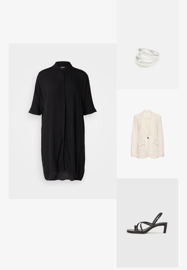 Blazer de lino beige con un solo botón negro, solapas de muesca y dos bolsillos frontales; textura ligera y corte ajustado.; Vestido camisero corto y negro hecho de un tejido ligero. Presenta un cuello, cierre frontal de botones y una silueta suelta y alargada.; Sandalia negra de tiras con punta cuadrada y tacón bajo de bloque. Presenta múltiples tiras delgadas y una correa ajustable en el tobillo. Fabricada en cuero suave.; Bolso tote de cuero negro con textura suave, forma estructurada, dos asas y un prominente detalle de hebilla plateada en la parte frontal.; Anillo de plata de doble banda con una superficie lisa y pulida. Presenta un diseño fluido y curvado con secciones superpuestas para un aspecto moderno.