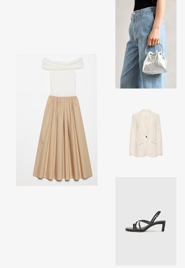 Beige linnen blazer met een enkele zwarte knoop, notch-lapels en twee voorzakken; lichte textuur en getailleerde pasvorm.; Off-shoulder jurk met een aansluitend wit geribbeld lijfje en een vloeiende beige rok, die op de taille is verzameld voor een volumineuze silhouet.; Zwarte sandaal met bandjes, vierkante teen en een lage blokhak. Voorzien van meerdere dunne bandjes en een verstelbare enkelband. Gemaakt van zacht leer.; Metalen zilveren bucket bag met een gestructureerde afwerking, versierd met een zilveren ronde handvat en een trekkoordsluiting, vastgehouden tegen lichtblauwe jeans.