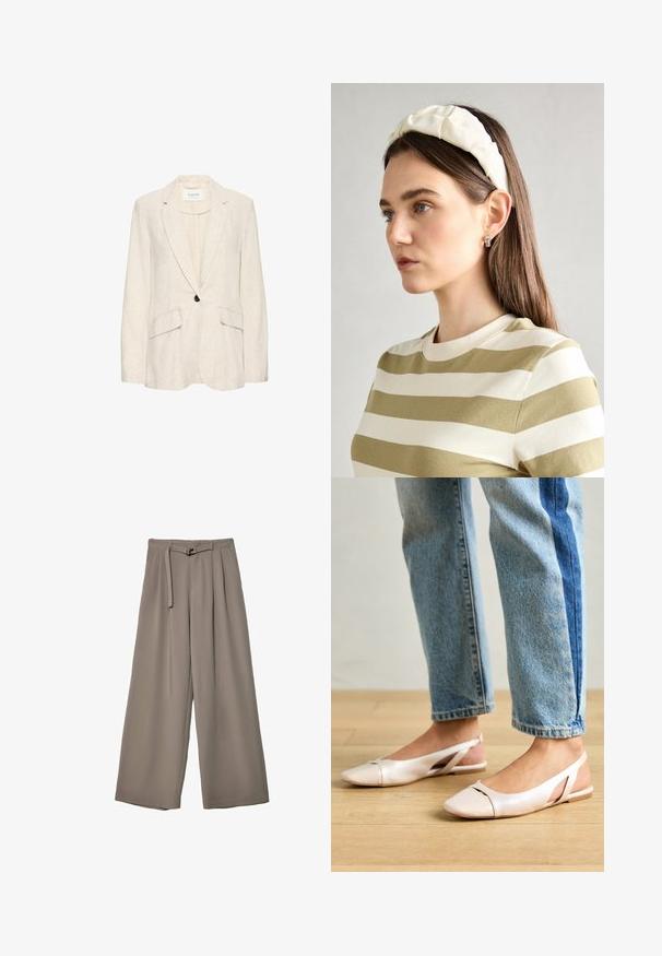Bežani laneni sako s jednim crnim dugmetom, reverima i dva prednja džepa; lagana tekstura i kroj prilagođen tijelu.; Bijela majica kratkih rukava od pamuka. Ima okrugli izrez i opušteni kroj. Glatka tekstura bez vidljivih uzoraka ili naglasaka.; Široke hlače u mekoj, prigušenoj sivoj tkanini, s remenom na struku i plisiranim detaljima za dodatni dizajn. Glatka tekstura, bez uzoraka.; Svijetlo ružičaste slingback balerinke s šiljastim vrhom, izrađene od glatkog materijala nalik koži. Sadrže izrezane detalje sa strane i ravnu petu.; Kremasta podstavljena trakica za glavu s uvijenim dizajnom, uparen s bež i bijelom prugastom majicom s okruglim izrezom. Suptilni dodaci nakita.