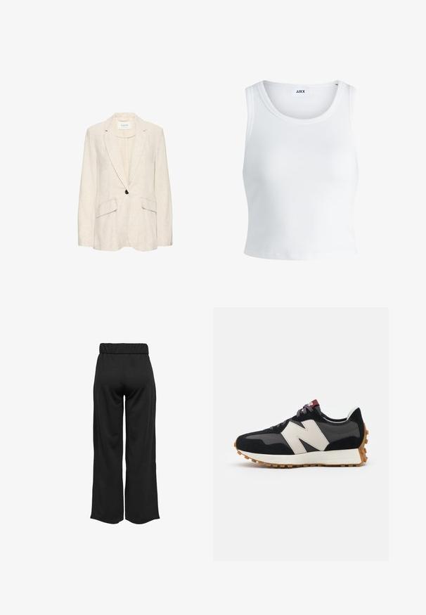 Beezlennest ülikond, millel on üks must nööp, sälguga krae ja kaks eesmist taskut; kerge tekstuur ja kohandatud lõige.; Valge ribakujuline tank top, millel on ümmargune kaelus, varrukateta disain ja lühike pikkus. Silt ütleb "JJXX." Sile kangast tekstuur.; Mustad, laiad püksid elastse vöökohtaga, valmistatud siledast kangast. Omab lihtsat disaini, ilma taskute või nähtavate õmbluste detailideta.; Mustmust ja halli nubukist tennisajal on suur kreemjas "N" logo, lilla paelad ja tekstureeritud kummist välispohja.