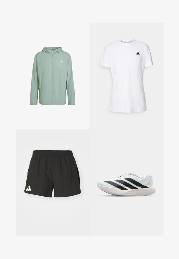 adidas Performance IT - Běžecká bunda - silver green; Bílá bavlněná tričko s krátkým rukávem, s texturovaným povrchem a černým logem s třemi pruhy na levé hrudi. Kulatý výstřih.; Černé sportovní šortky vyrobené z lehkého materiálu, se elastickým pasem, bočními kapsami a bílým logem Adidas na levé noze.; Lehké běžecké boty v světle modré barvě s černými pruhy. Mají hladký svršek, kulatou špičku a silnou bílou mezipodešev označenou "LIGHTSTRIKE PRO."