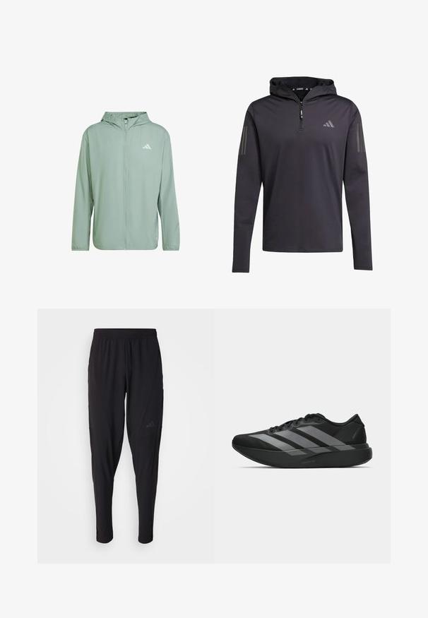 adidas Performance IT - Veste de running - silver green; Haut noir à capuche et à manches longues avec une demi-fermeture éclair, fabriqué en tissu léger, présentant trois bandes verticales grises sur chaque manche.; Pantalons de sport noirs avec une taille élastique, design fuselé, poches latérales et détail de logo subtil. Fabriqués en tissu flexible et respirant.; Chaussures de sport noires au design léger, présentant trois rayures grises marquées, une texture lisse et une semelle profilée.