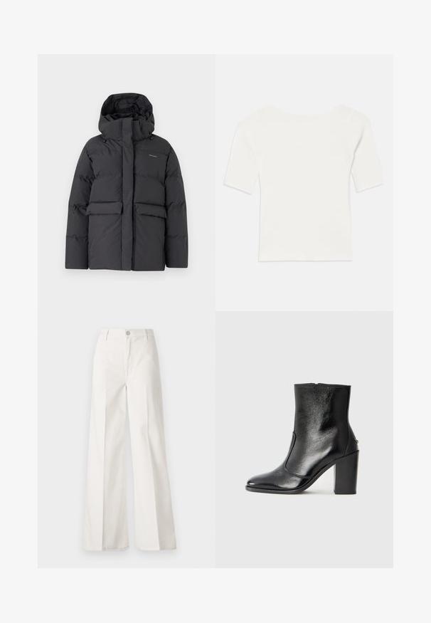 Black puffer jacket with a high collar and hood, featuring large front pockets and a zip closure. Made of quilted, padded material.; White ribbed short-sleeve top with a wide neckline. The texture features vertical stripes, emphasizing a snug fit and simple design.; White wide-leg trousers made from cotton with a smooth texture. Features a front button, zipper fly, and four-pocket design.; Black leather ankle boot with a smooth texture, pointed toe, and a chunky high heel. Features a side opening and minimalistic design.