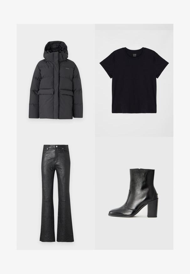 Μαύρο μπουφάν τύπου puffer με ψηλό κολάρο και κουκούλα, με μεγάλα μπροστινά τσέπες και κλείσιμο με φερμουάρ. Είναι κατασκευασμένο από κυματιστό, επενδεδυμένο υλικό.; Μαύρο κοντομάνικο μπλουζάκι από μαλακό βαμβάκι. Κλασικός σχέδιο με στρογγυλή λαιμόκοψη και απλή, χωρίς διακοσμήσεις επιφάνεια με χαλαρή εφαρμογή.; Μαύρο δερμάτινο παντελόνι καμπάνα με πτυχές, ψηλή μέση, μπροστινές τσέπες και κλασικό κλείσιμο με κουμπί και φερμουάρ.; Μαύρο δερμάτινο μποτάκι έως τον αστράγαλο με απλή υφή, μυτερή μύτη και χοντρό ψηλό τακούνι. Διαθέτει πλαϊνό άνοιγμα και μινιμαλιστικό σχέδιο.