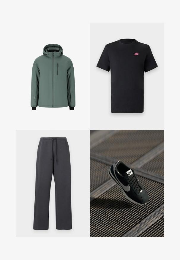 Grön vattentät jacka med dragkedja, huva och ficka med dragkedja på bröstet. Har en slät yta och svarta detaljer vid ärmar och fickor.; Svart bomullströja med rund halsringning och korta ärmar. Har en rosa Nike-logga på den övre vänstra sidan. Slät textur.; Grå mjukisbyxor med dragsko i midjan, tillverkade av mjukt tyg. Breda ben med sidoseam, minimala detaljer och inga synliga mönster.; Svarta Nike-sneakers med grå accenter, material i mocka och nät, texturerad sula, smal form och klassisk snördesign.