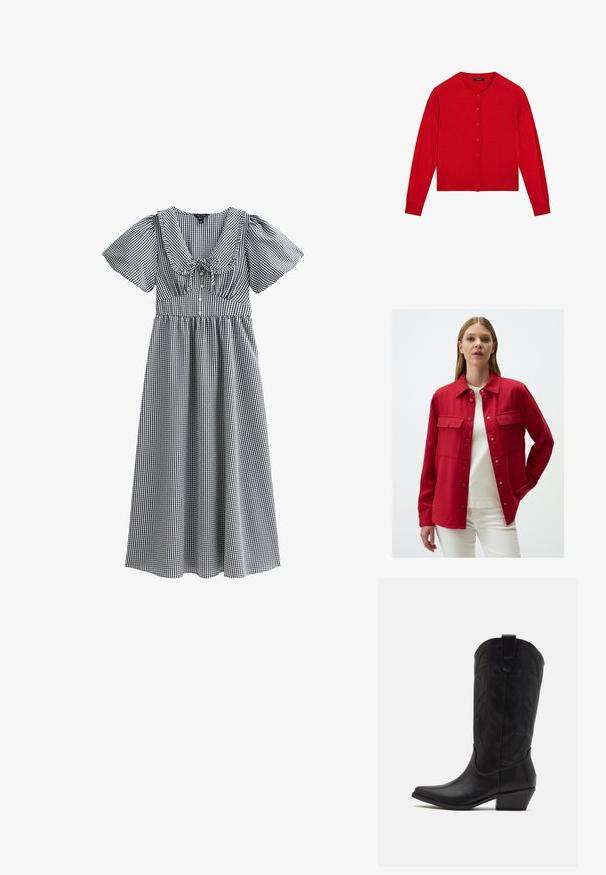 Rode shirtjack gemaakt van stevig materiaal. Kenmerkt een kraaghalslijn, twee voorkruiken en drukknoopsluitingen. Gedragen over een wit top.; Rode gebreide cardigan met lange mouwen, ronde hals en knoopsluiting. Heeft een geribbelde zoom en manchetten. Soepele textuur.; Zwart-witte gingham jurk met korte pofmouwen, een brede halslijn, gathered taille en een rok tot op de knie. Heeft een strik in het midden.; Zwarte leren cowboylaars met spitse neus, lage gestapelde hak en een ingewikkeld geïmbossieerd bladerenpatroon op de schacht. Lus aan de bovenkant voor eenvoudig aantrekken.; Zwarte leren tas met een gladde structuur, rechthoekige vorm en twee lange handgrepen. Eenvoudig ontwerp zonder zichtbare hardware of versieringen.