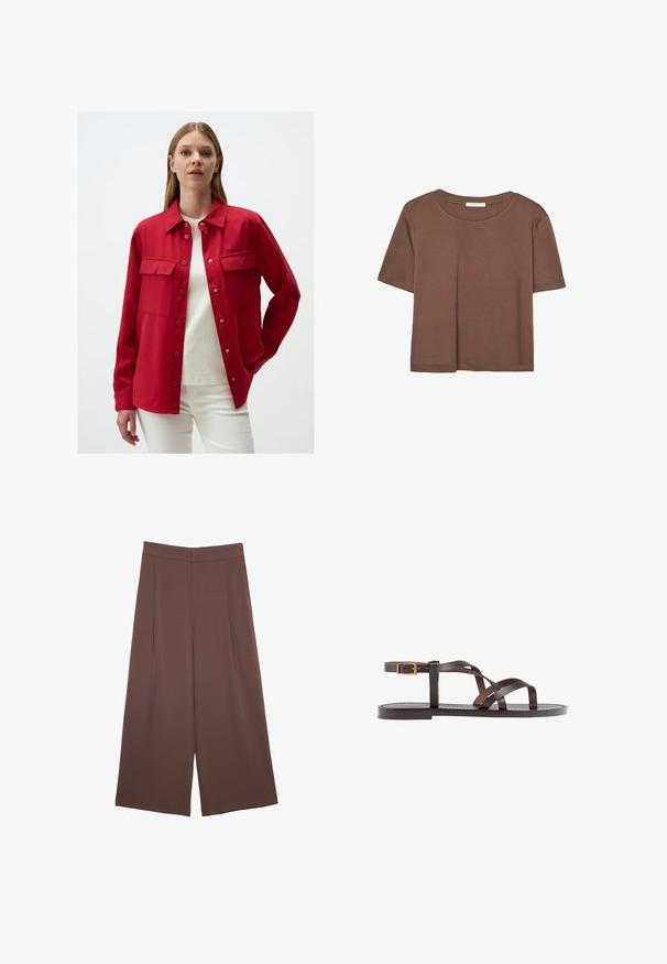 Rote Jacke aus strapazierfähigem Stoff. Mit einem kragenförmigen Ausschnitt, zwei vorderen Taschen und Druckknöpfen. Über einem weißen Oberteil getragen.; Braunes, kurzärmliges T-Shirt aus weichem Material mit rundem Halsausschnitt und lockerer Passform. Keine sichtbaren Muster oder Akzente.; Braune Weite-Leg-Hosen mit einer glatten Textur, hoher Taille und Vorderfalten. Der Stoff ist leicht und fällt locker.; Braune Leder-Sandale mit überkreuzten Riemen, einem Knöchelriemen mit Schnalle und einer flachen Sohle mit minimalen Nähdetails.