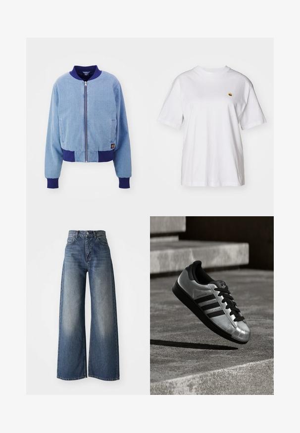 Modrá kordurová bomber bunda s námořnickým ribkovaným límcem a manžetami, disponující předním zipem a bočními kapsami.; Bílý bavlněný tričko s volným střihem, krátkými rukávy a malým vyšívaným logem na levé části hrudi.; Modré vysoké široké džíny s předním zapínáním na knoflík a kapsami, se světlou texturou na stehnech a rovnými lemy.; Stříbrná teniska s černou gumovou podrážkou, černými tkaničkami a třemi černými pruhy. Má kovový lesk a klasický design špičky ve tvaru skořápky.