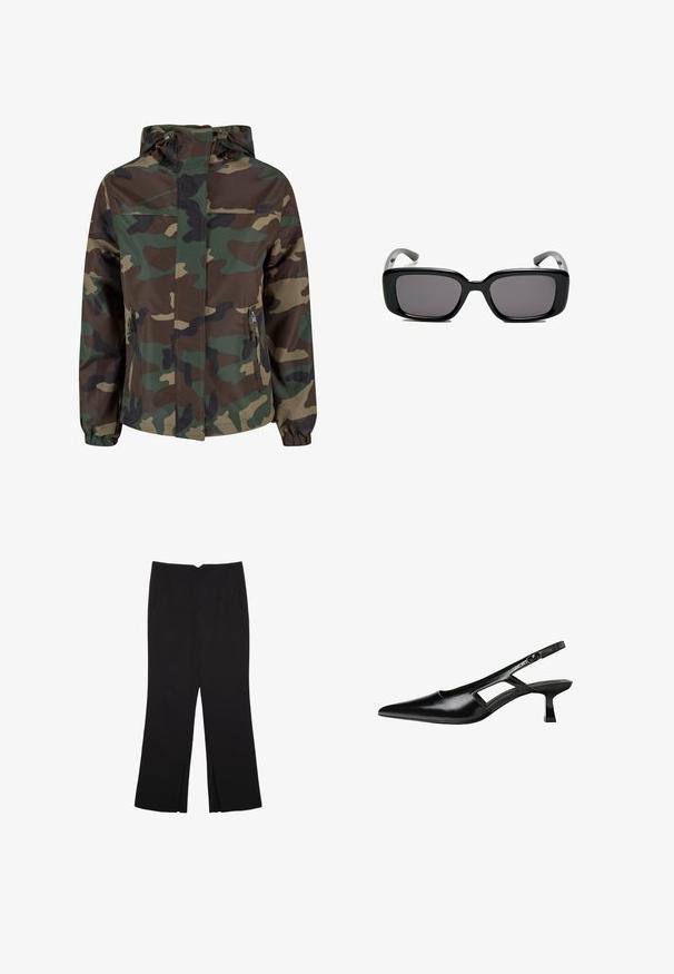 Vojaška jakna s kapuco, ki vključuje odtenke zelene, rjave in črne barve. Ima zadrgo na sprednjih žepih in elastične manšete.; Bela majica s kratkimi rukavi, izdelana iz mehkega in lahkega blaga. Ima okroglo ovratnico ter kratke, široke rokave z udobnim krojem. Brez vidnih vzorcev.; Črne hlače ravnega kroja z naglavnimi žepi in stranskimi razporki na robu. Narejene iz mehke, gladke tkanine. Primerne za različne priložnosti.; Črne patentični usnjeni salonarji s slingback designom, z zašiljenim nosom, izrezanim stranskim dizajnom in majhnim kvadratnim peto. Gladka tekstura z minimalnimi detajli.; Črne pravokotne sončne očala z temnimi lečami, gladkim plastičnim okvirjem in ukrivljenimi nogicami. Oblika je robustna in minimalistična.