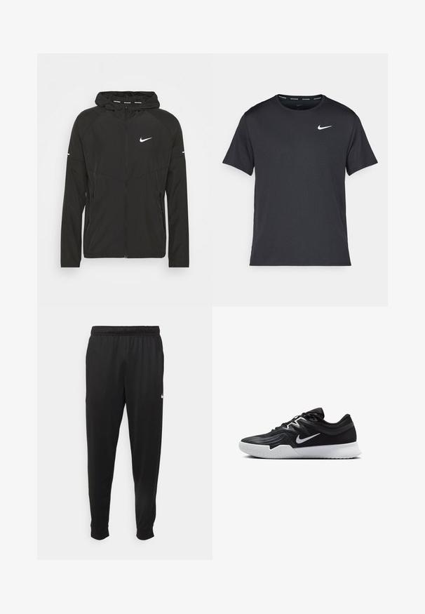 Giacca da corsa nera Nike con frontale zip, cappuccio e maniche lunghe. Presenta un logo bianco sul petto e strisce sulle maniche.; Maglietta da corsa Nike nera realizzata in materiale leggero e traspirante, con maniche corte e un piccolo logo bianco sul petto.; Pantaloni sportivi neri realizzati in tessuto liscio, con una vita elastica, gambe affusolate e un piccolo logo bianco sul lato sinistro.; Scarpa sportiva nera con tomaia testurizzata, logo Nike swoosh bianco e suola in gomma bianca. Presenta un design con lacci e una forma dinamica.