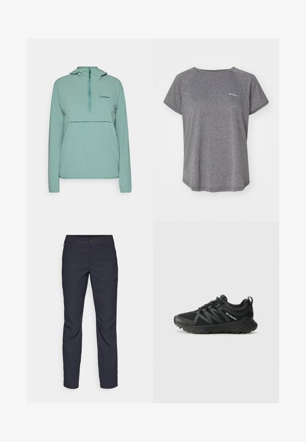 Svijetloplavi pulover s patentnim zatvaračem do pola, podesivim kapuljačom i prednjim džepom. Izrađen od glatkog, laganog materijala.; Siva majica kratkih rukava koja sadrži suptilan teksturirani uzorak, okrugli izrez i Columbia logotip na prsima. Mekani materijal, opušteni kroj.; Pantalone tamnoplave boje od glatkog materijala, s prednjim kopčanjem na dugme, uskim krojem i pregibima na koljenima.; Columbia PEAKFREAK - Obuća za pješačenje - black